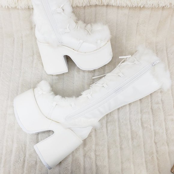 Camel 311 White furry goth punk Platform Knee Boot - Picture 11 of 11
